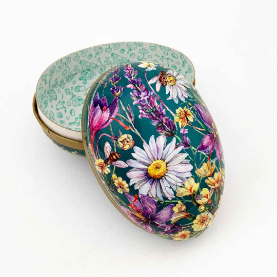 4-1/2" Springtime Flowers and Bees on Teal Papier Mache Easter Egg Container ~ Germany